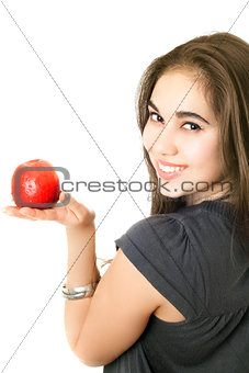 Joyful girl with an apple