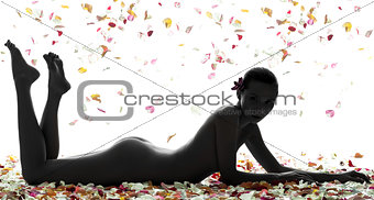 beautiful asian woman naked lying with flowers petal silhouette
