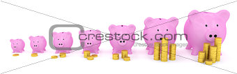 Different size piggy banks with coins