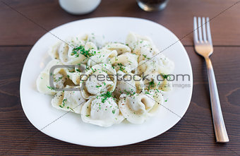 Fresh boiled meat dumplings served with dill