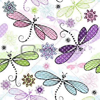 Spring seamless floral pattern with dragonflies