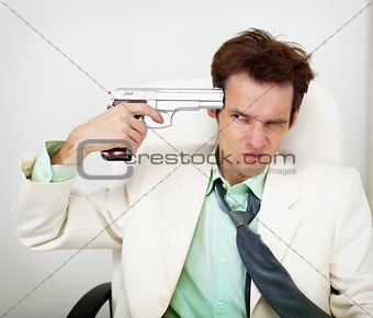 Tattered businessman in white suit with gun