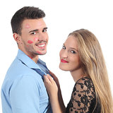 Woman grabbing a man with a lot of lipstick shapes