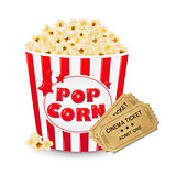 Popcorn In Cardboard Box With Ticket Cinema