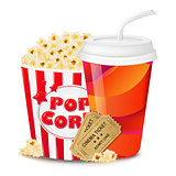 Popcorn In Cardboard Box With Tickets Cinema And Paper Glass