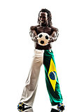 brazilian  black man soccer player holding showing football 