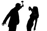 one couple man holding hammer and woman domestic violence