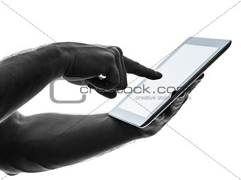 close up hands man touchscreen digital tablet  