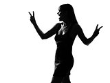 stylish silhouette woman laughing peace victory gesture