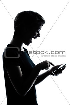 one young teenager girl telephone videophone video game silhouet