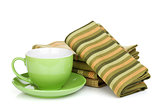 Coffee cups and kitchen towels