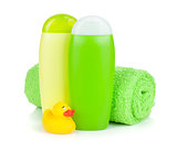 Bath bottles, towel and rubber duck