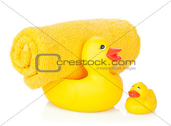 Rubber duck with bath towel