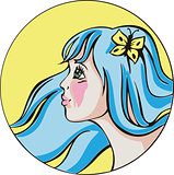 Round portrait of young cute woman with blue hair