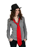 girl in a hat and a red tie