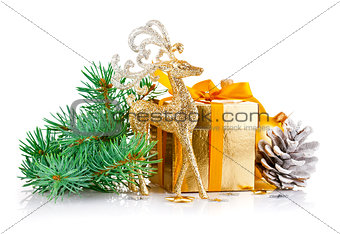 christmas gold deer with branch firtree and gift