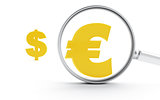 Gold symbols of dollar and euro under a magnifier on a white background