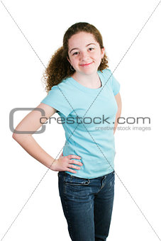 Cute Latina Girl in Blank Blue T-shirt