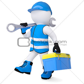 3d man with wrench and tool box
