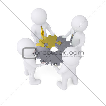 Four man holding gear consisting of puzzles