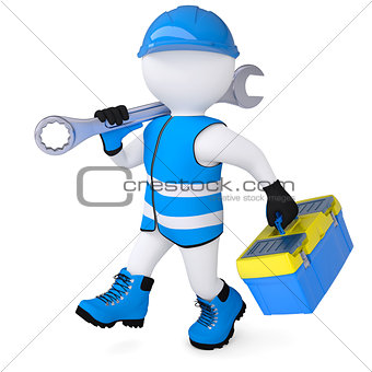 3d man with wrench and tool box