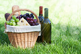 Outdoor picnic basket with wine on lawn