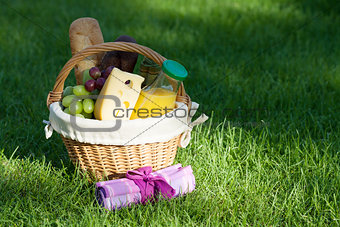 Outdoor picnic basket on green lawn