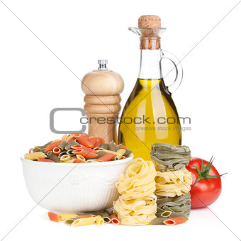 Various pasta, tomato and condiments