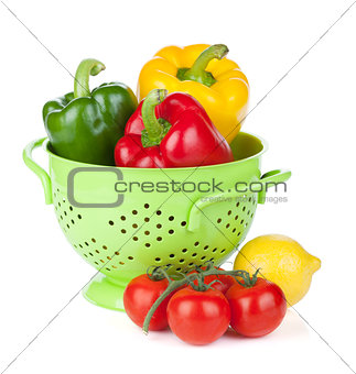 Fresh ripe vegetables in colander