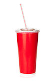 Red disposable cup with drinking straw