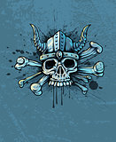 Skull in helmet with horns and bones