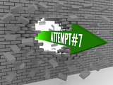 Arrow with word Attempt#7 breaking brick wall.