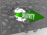 Arrow with word Creativity breaking brick wall.