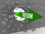 Arrow with word Freedom breaking brick wall.