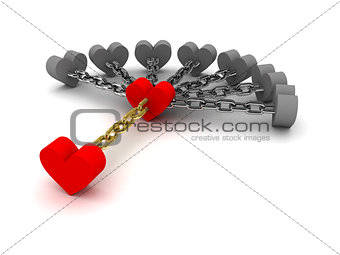 Seven gray hearts holding one red heart. Dependence on bad relations.