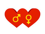 Two hearts. Symbols of male and female cutout inside.