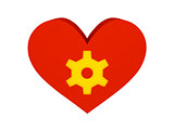 Big red heart with cogwheel symbol.