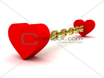 Two hearts linked by long golden chain.