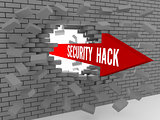 Arrow with words Security Hack breaking brick wall.
