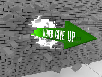 Arrow with phrase Never Give Up breaking brick wall.