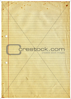 Blank lined vintage A4 paper isolated on white.