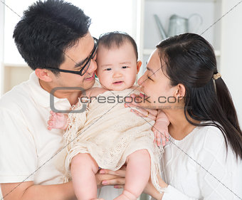 Parents kissing baby 