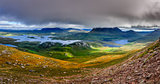 Panoramic view of Inverpolly mountains area in highlands of Scot