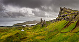 Panoramic view of Old man of Storr mountains, Scottish highlands