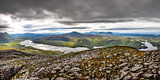 Panoramic view of Scottish highlands in Loch Assynt area