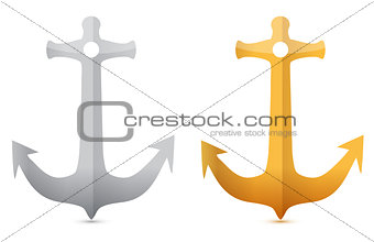 Gold and silver anchors illustrations designs on white