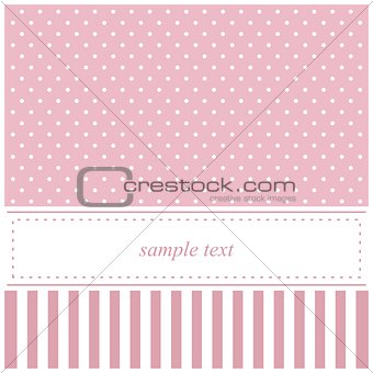 Vector card or invitation for baby shower, wedding or birthday party with stripes and sweet white polka dots on cute pink background