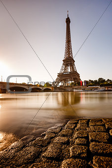 Eiffel Tower and Cobbled Embankment of Seine River at Sunrise, P