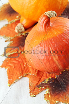 Hokkaido pumpkins with autumn leaves