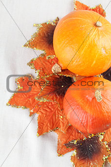 Hokkaido pumpkins with autumn leaves